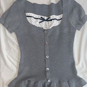 Gray Short Sleeve Milkmaid Mock Two Piece Ruffled Trim Bow Top